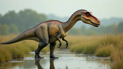 Obraz premium juvenile sauropod dinosaur, marsh wetland friendly dino