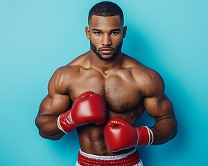 A muscular boxer is wearing red gloves for training