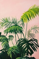 Tropical indoor plants illustration with vibrant green leaves against soft pink background, nature-inspired decor, botanical art, home interior design.