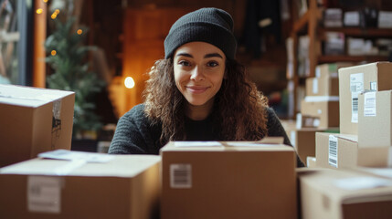 Female entrepreneur packing online orders for shipment in cozy workspace during the day