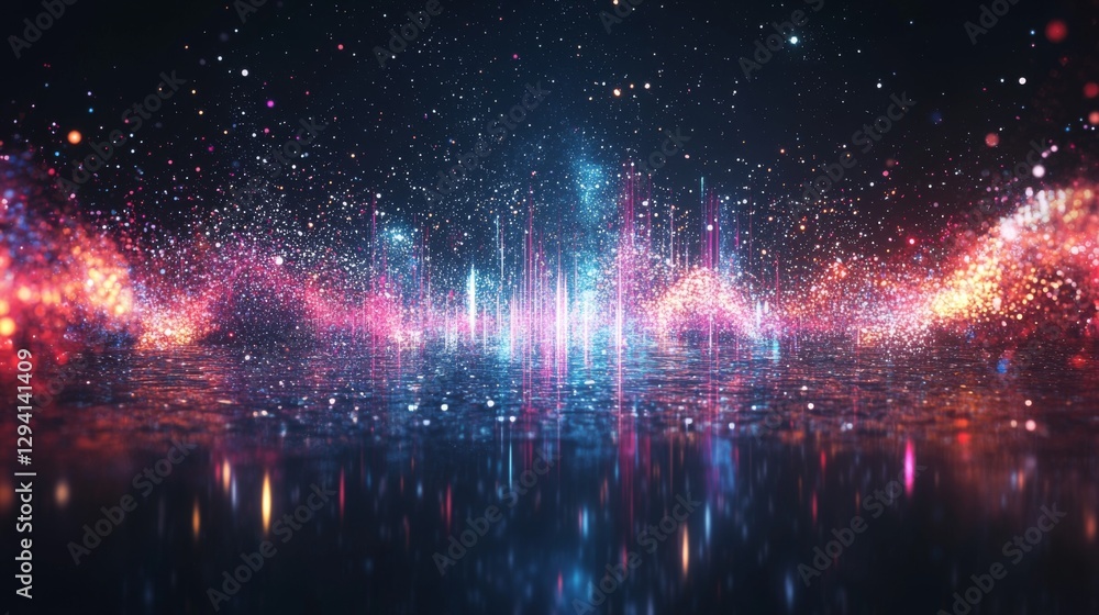 Poster vibrant abstract background with colorful light waves and sparkling stars reflecting on water surfac