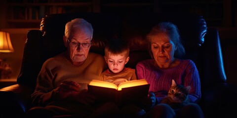 Obraz premium Grandparents reading a bedtime story to their grandchild, illuminated by the book's light, with a cat nestled nearby.