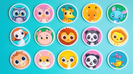 Cute animal faces, colorful circles, kids design, background. Possible use Educational, kids, learning