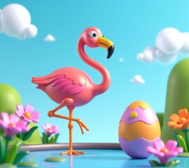 Obraz premium Playful Pink Flamingo Standing Next to Colorful Egg in Nature Scene