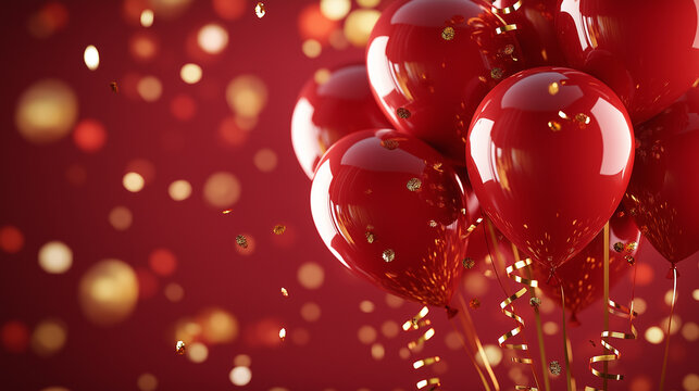 Red balloons floating with golden confetti falling in the background, creating a festive and celebratory mood.