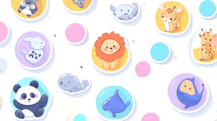 Cute animal stickers pattern, playful, colorful, and whimsical. Possible use children's product, social media, or web background design
