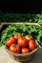 Fresh tomatoes in woven basket showcase vibrant colors against l