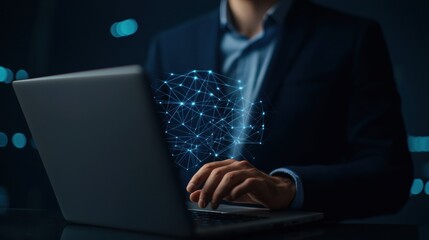 Business professional using laptop with digital network overlay