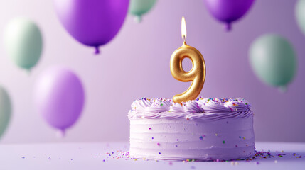 Birthday celebration with a decorated cake, balloons, confetti and number nine candle. Ninth anniversary concept