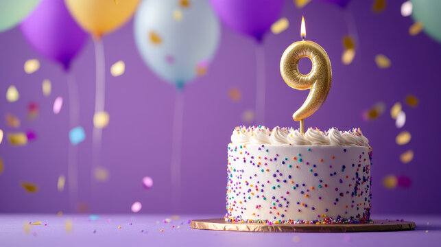 Birthday celebration with a decorated cake, balloons, confetti and number nine candle. Ninth anniversary concept - Powered by Adobe