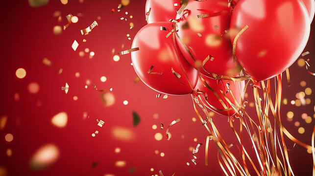 Red balloons floating with golden confetti falling in the background, creating a festive and celebratory mood.