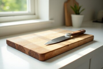 A sunlit kitchen counter displays a wooden cutting board and a chef's knife, ready for culinary creation
