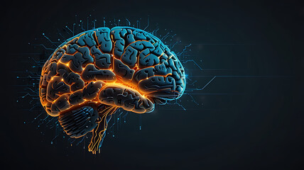 Glowing Digital Brain with Blue and Orange Light on a Dark Background
