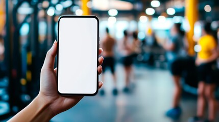 Woman holding smartphone with blank screen mockup in blurred gym background showcasing fitness app and workout tracking.