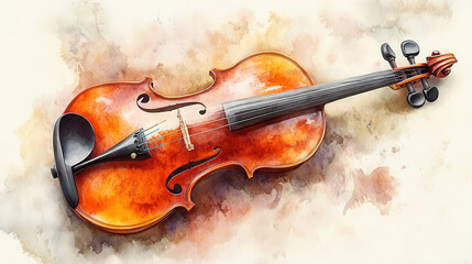 Fototapeta premium A classical violin, painted in a rich watercolor style, set against a solid muted backdrop