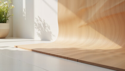 Sleek birch laminate catching warm light on white floor, modern aesthetic