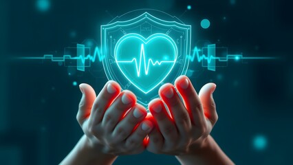 Digital health concept with glowing heart shield in hands, symbolizing healthcare technology, data protection, medical safety, and cyber health
