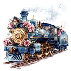 Vintage Steam Locomotive in Blue and Gold with Roses, Hyper-Realistic