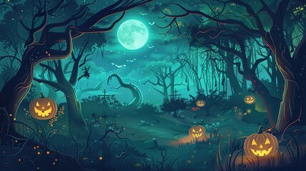 Enchanted Halloween Magic Forest at Night, Spooky Dark Woods with Glowing Pumpkins, Witchy Moonlit Scene, Mystical Background for Party Invitations, Digital Art