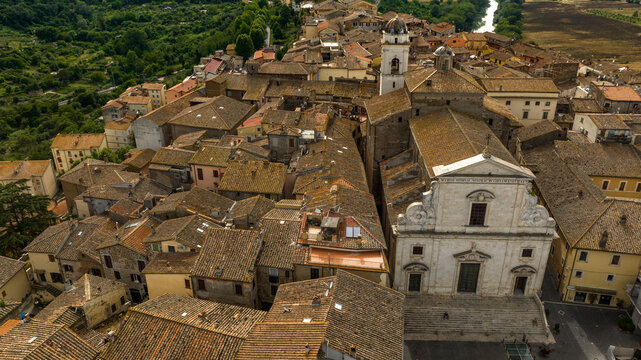 Aerial view of the square and main church of Orte, in the province of Viterbo, Lazio, Italy.