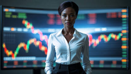 Bellissima donna di 40 anni di origini africane in ufficio con vestito elegante davanti al monitor con i grafici dell'andamento dei mercati finanziari in borsa