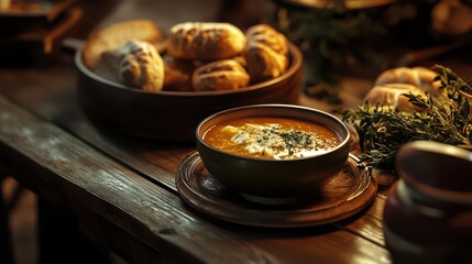 Rustic Wooden Table with Warm Soups and Fresh Rolls