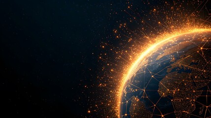 Fototapeta premium The image shows a stylized representation of the Earth enveloped in a network of glowing lines and points of light, radiating outwards, suggesting global interconnectedness.A medium description sente