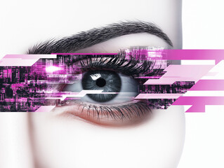 Abstract illustration of a woman's eye with digital elements and vibrant colors creating a futuristic look
