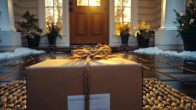 Winter Sunset Delivery: A Package Awaits on a Cozy Porch