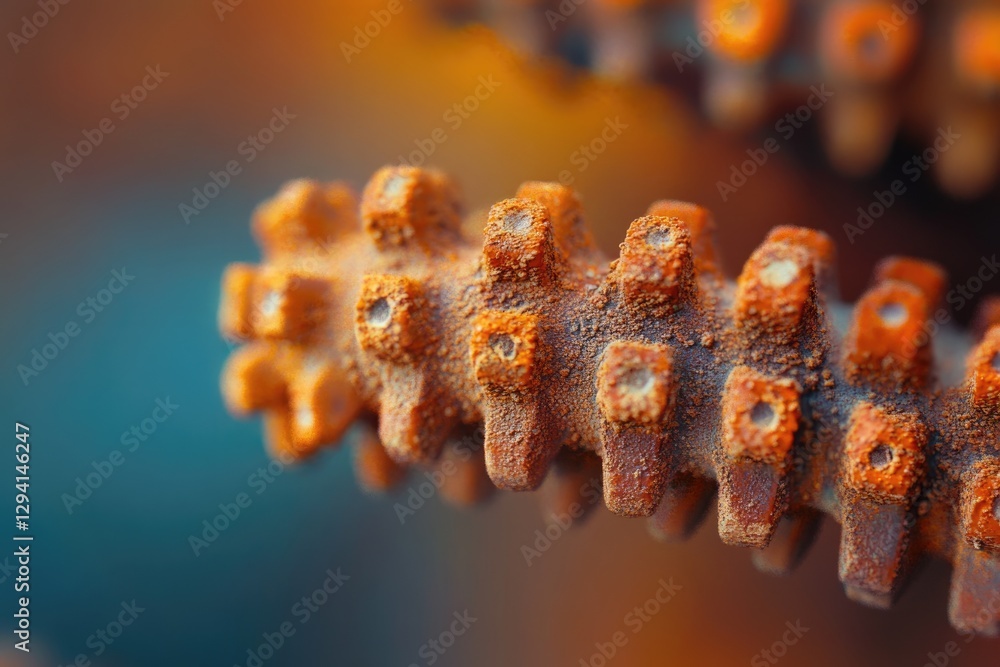 Aufkleber close-up of rusty, textured metal object with a repeating pattern of square protrusions.