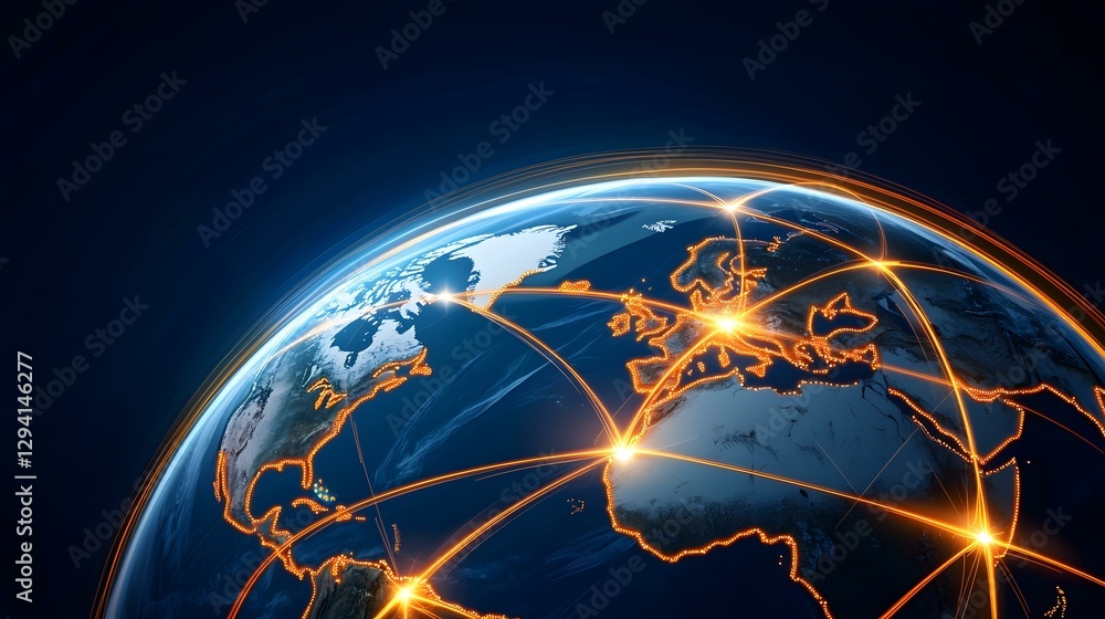 Poster the image shows a stylized earth with glowing orange lines connecting various points, representing g