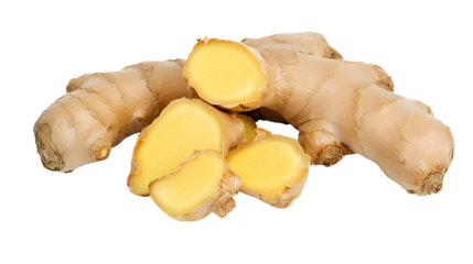 Fresh ginger root and slices offering healthful benefits for cooking and remedies