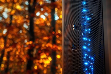A server rack with blue lights glows against a blurred autumnal background.