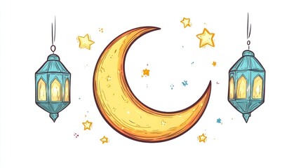 Ramadan crescent moon with lanterns, decorative illustration