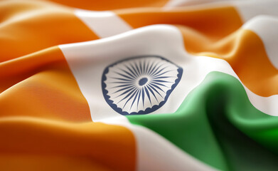 A close-up of the Indian national flag with orange, white, and green colors and the Ashoka Chakra symbol in the center.