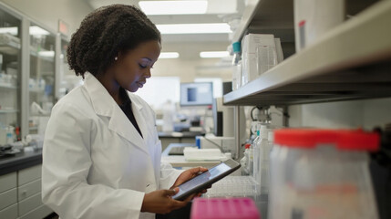 Researcher in lab coat working with digital tablet in laboratory environment, showcasing modern scientific practices and technology