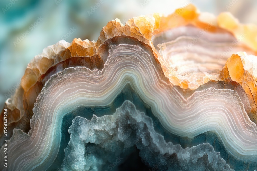 Poster close-up of agate gemstone showcasing intricate banding patterns and color variations in teal, white