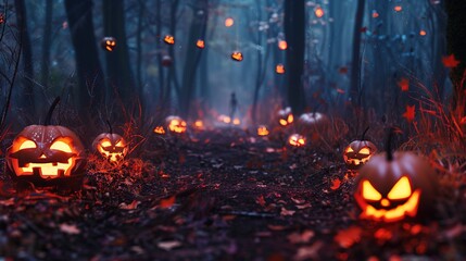 Enchanted Halloween Magic Forest at Night, Spooky Dark Woods with Glowing Pumpkins, Witchy Moonlit Scene, Mystical Background for Party Invitations, Digital Art