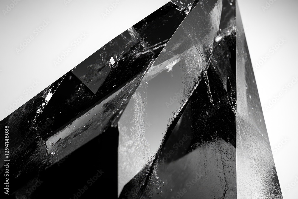 Poster close-up of a dark,faceted crystal with a textured surface, showing intricate details and light refl