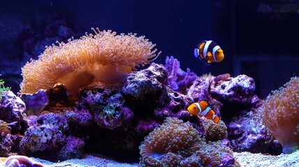 Fototapeta premium Vibrant Reef Aquarium: Two Clownfish Gracefully Swim Amongst Lush Coral and Rocks