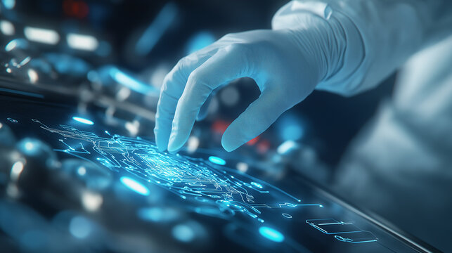A scientist in protective gear interacting with a digital interface displaying scientific data, symbolizing advanced research or healthcare technology.
