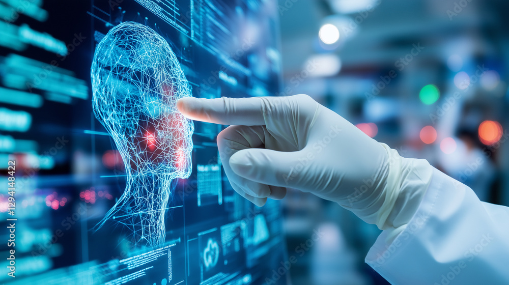 Poster a scientist in protective gear interacting with a digital interface displaying scientific data, symb