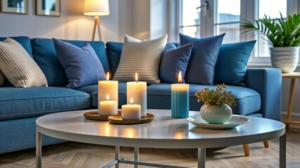 Cozy living room scene with blue sofa, decorative pillows, candles, and a plant, creating a calm and inviting atmosphere.