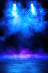 A dramatic scene featuring blue stage lights illuminating a misty atmosphere, creating an engaging and mysterious ambiance.