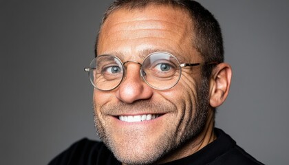 Obraz premium Boost Your Brand with a Friendly Face Smiling Man with Glasses in Minimalist Design Enhance your branding efforts with images conveying trustworthiness and approachability Explore this high-quality