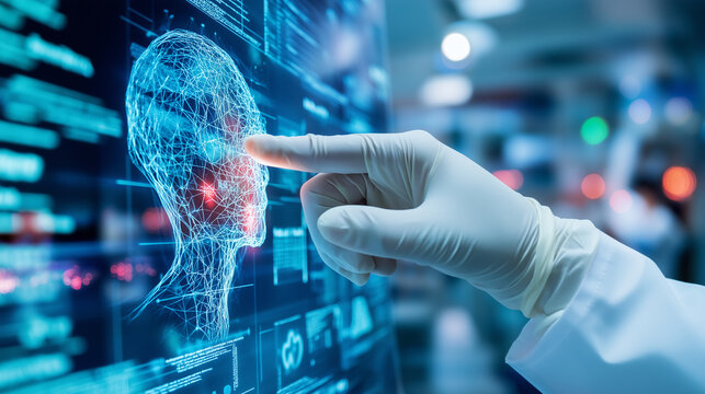 A scientist in protective gear interacting with a digital interface displaying scientific data, symbolizing advanced research or healthcare technology.
