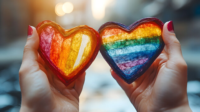 Woman holding two rainbow colored paper hearts celebrating lgbtq+ pride