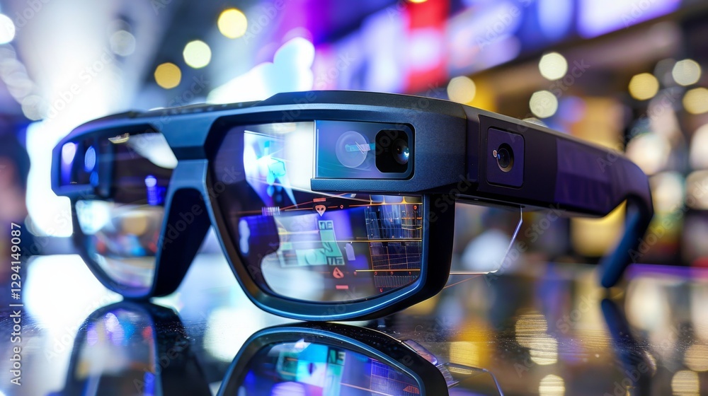 Poster innovative smart glasses are displayed in a lively retail environment filled with colorful lighting 