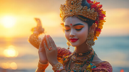 Golden Goddess Prays at Sunrise Beach