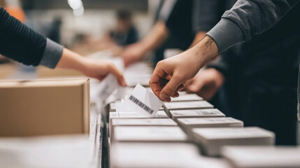Team working collaboratively to label and barcode bulk orders in a large warehouse environment